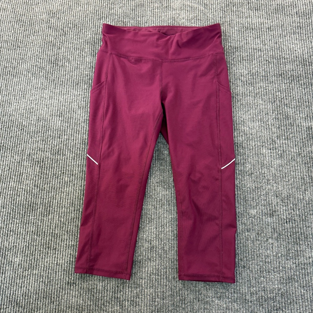 Xersion Womens Fitted Cropped Leggings Size M Burgundy Side Pockets Reflective